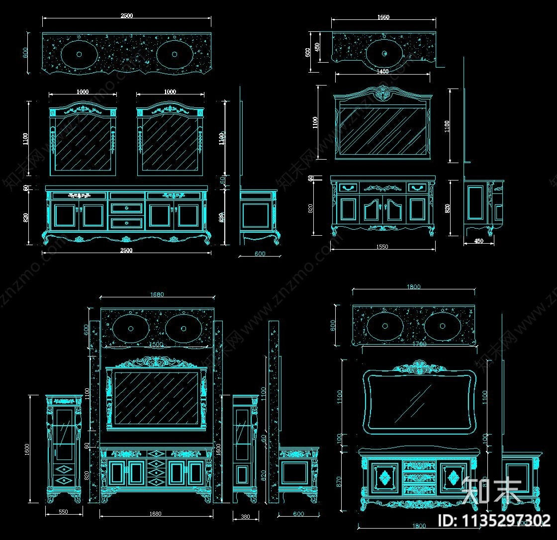 欧式浴室柜三视图施工图下载【ID:1135297302】