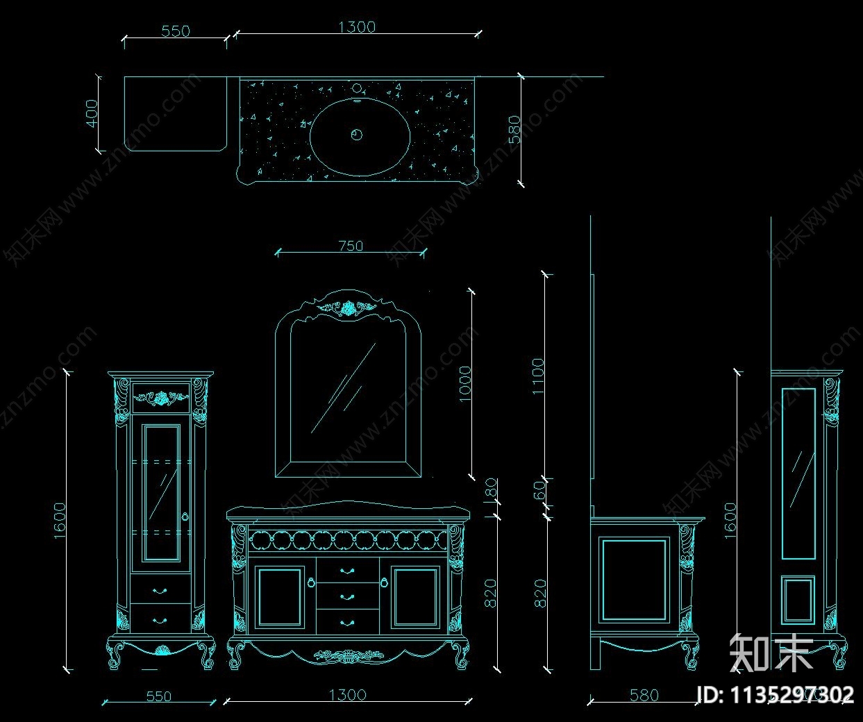 欧式浴室柜三视图施工图下载【ID:1135297302】