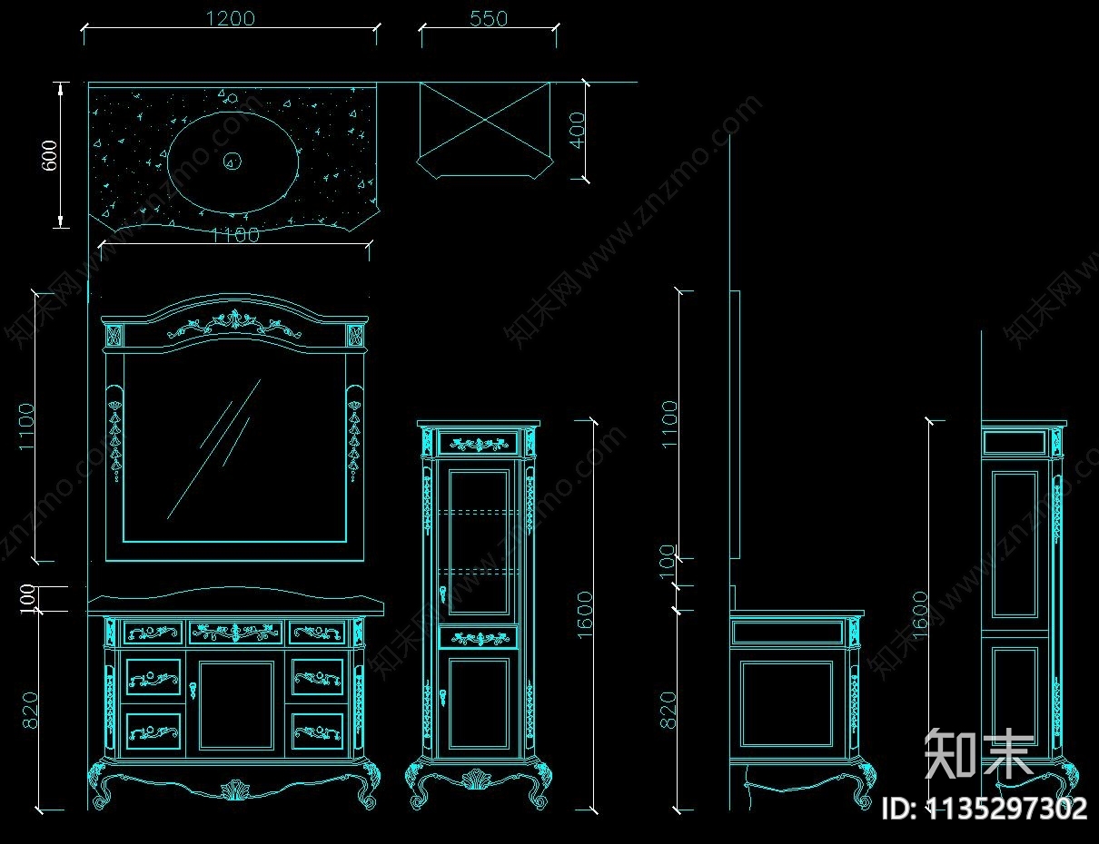 欧式浴室柜三视图施工图下载【ID:1135297302】