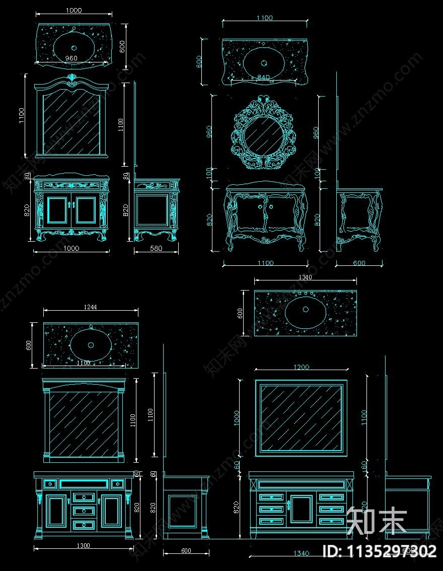 欧式浴室柜三视图施工图下载【ID:1135297302】