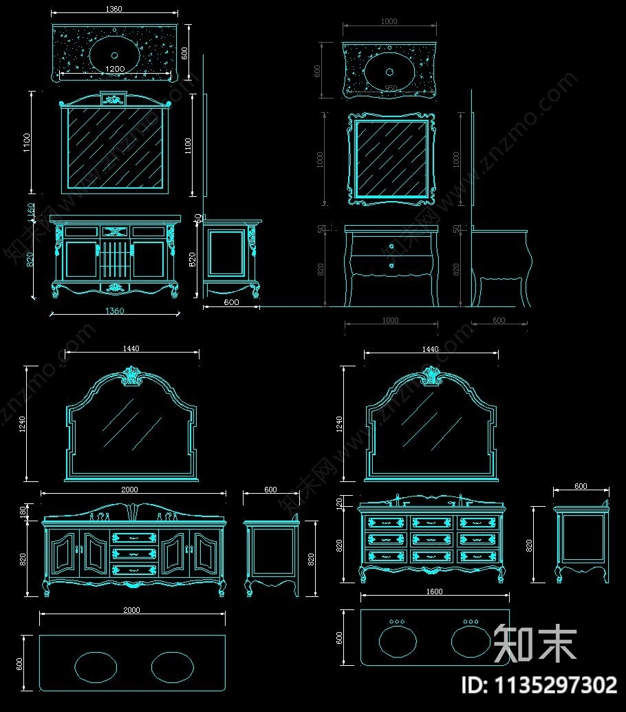 欧式浴室柜三视图施工图下载【ID:1135297302】