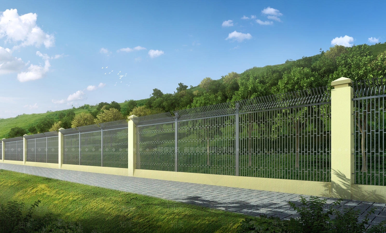 现代铁艺围墙防盗网围墙3D模型下载【ID:1135324521】