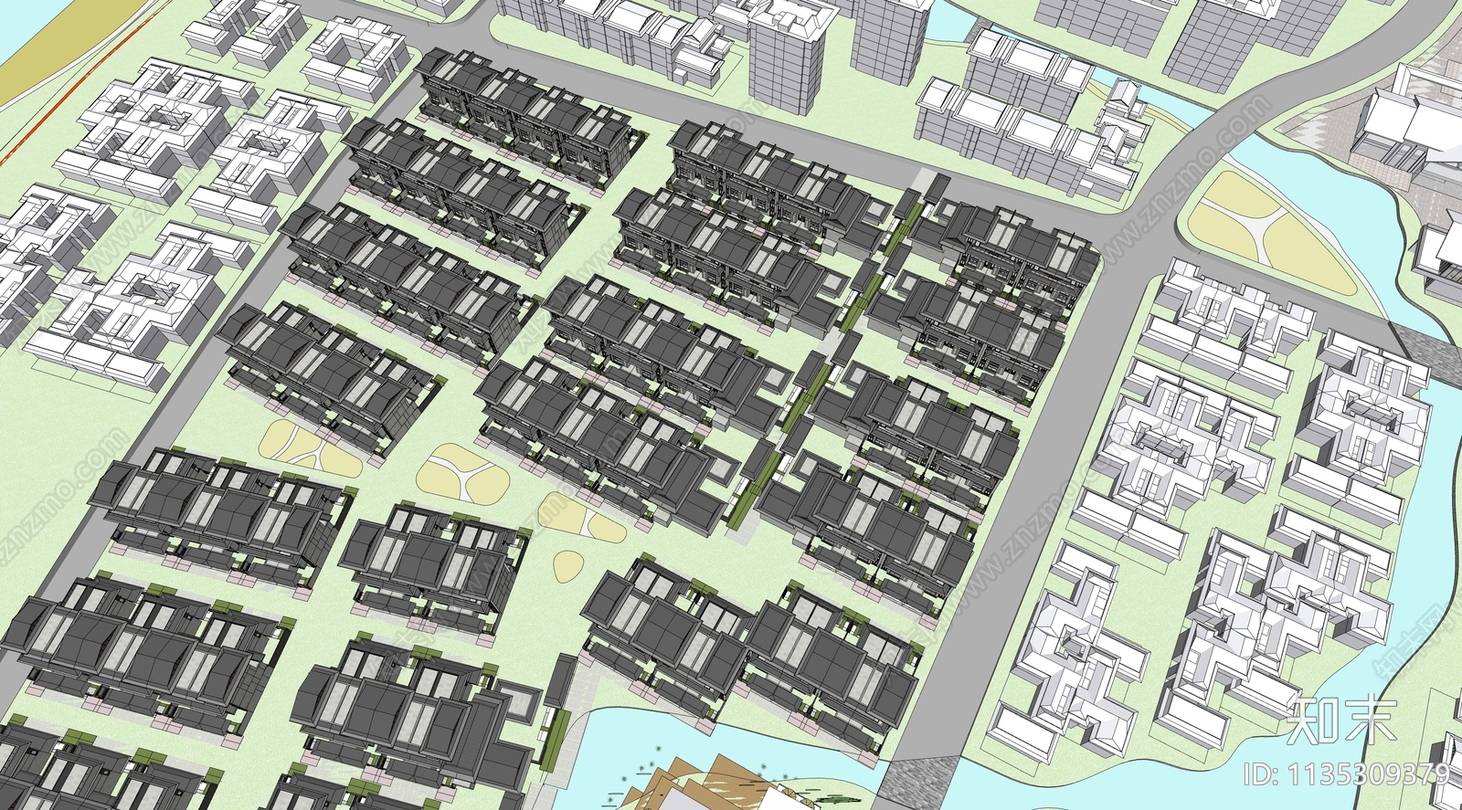 新中式小区建筑SU模型下载【ID:1135309379】