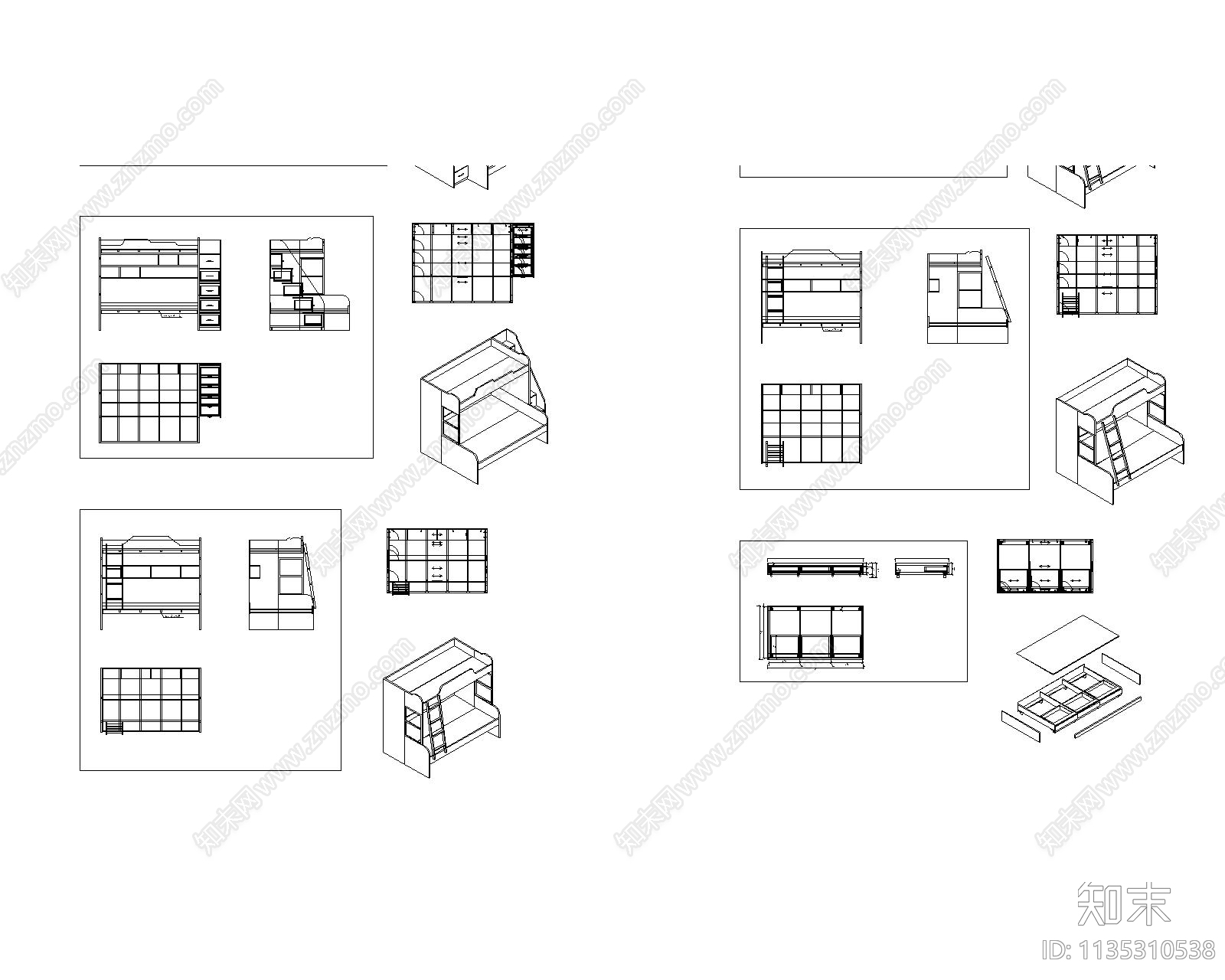 儿童高低床三视图cad施工图下载【ID:1135310538】