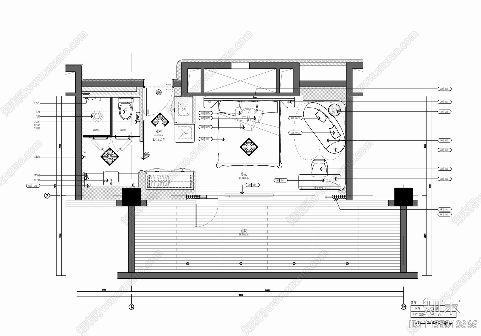 酒店大床房客房室内cad施工图下载【ID:1135319866】