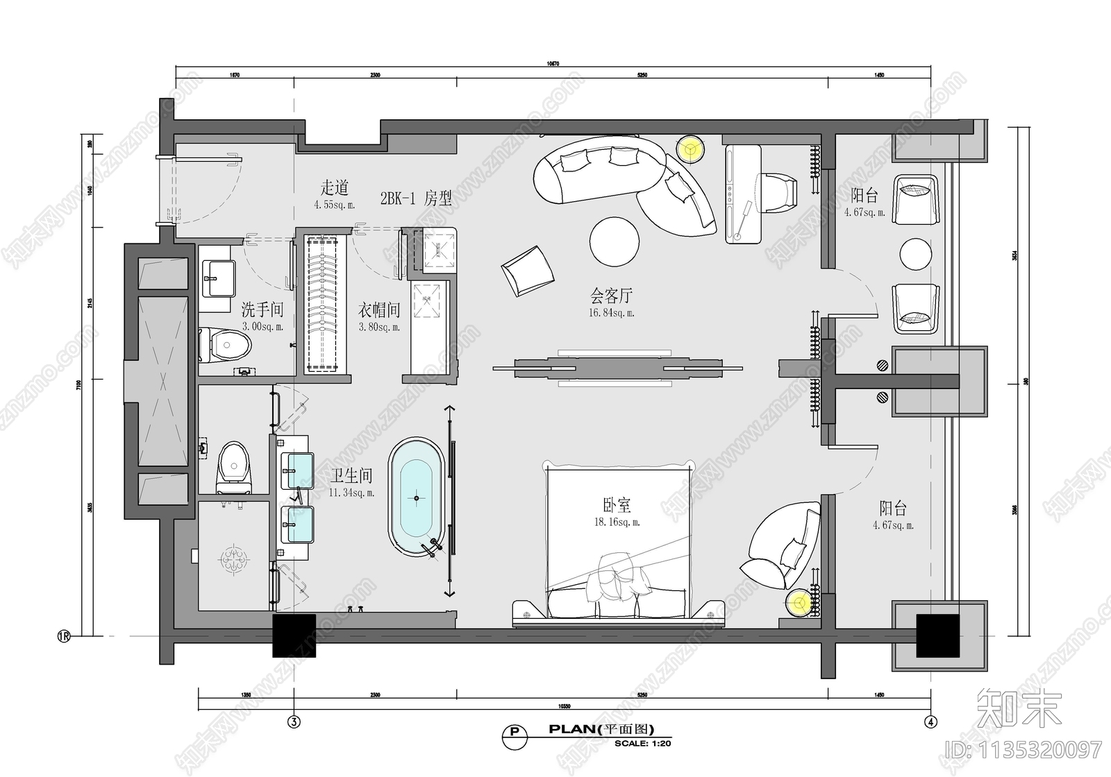 80㎡酒店大床房客房施工图下载【ID:1135320097】