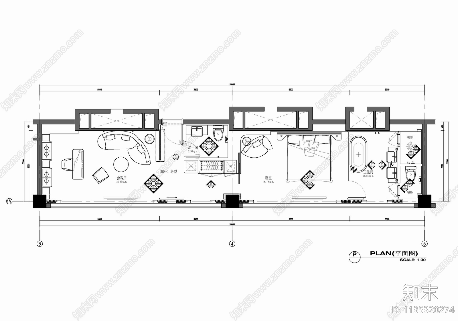 75㎡酒店大床房客房cad施工图下载【ID:1135320274】