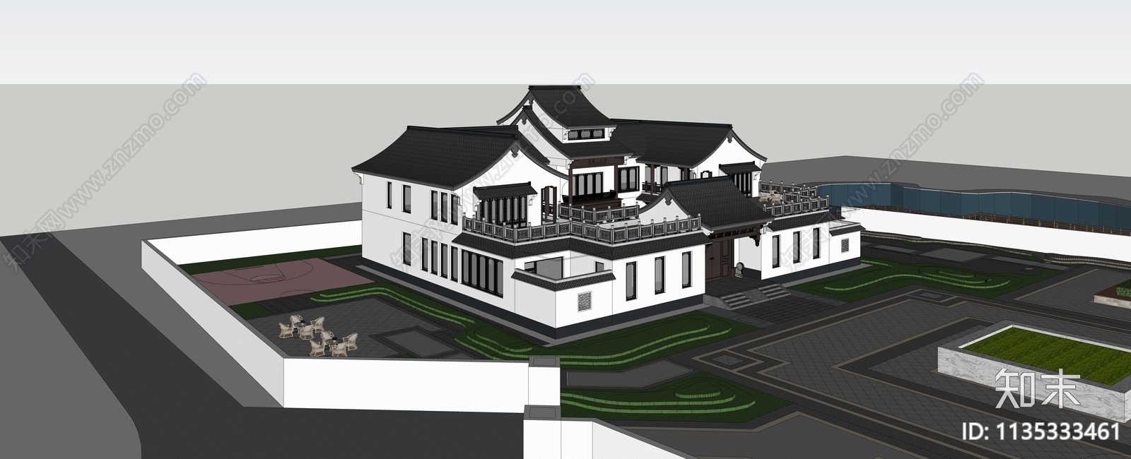 新中式四合院SU模型下载【ID:1135333461】