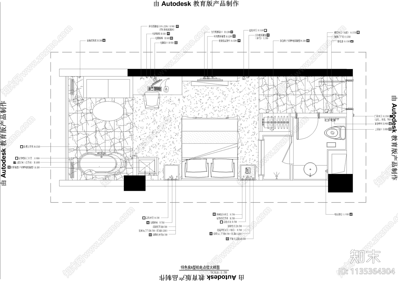 酒店客房cad施工图下载【ID:1135364304】