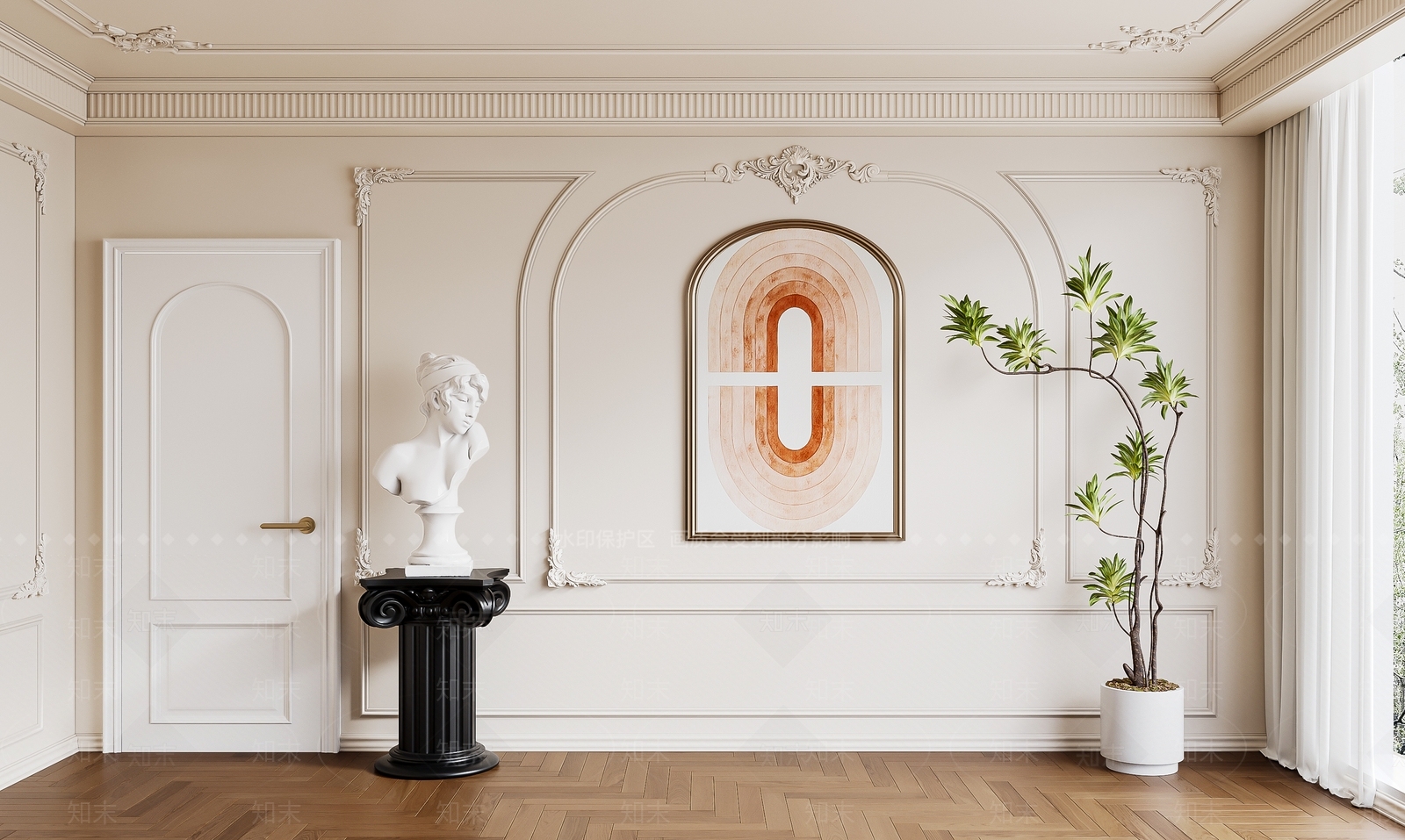 法式奶油风石膏线背景墙3D模型下载【ID:1135376060】