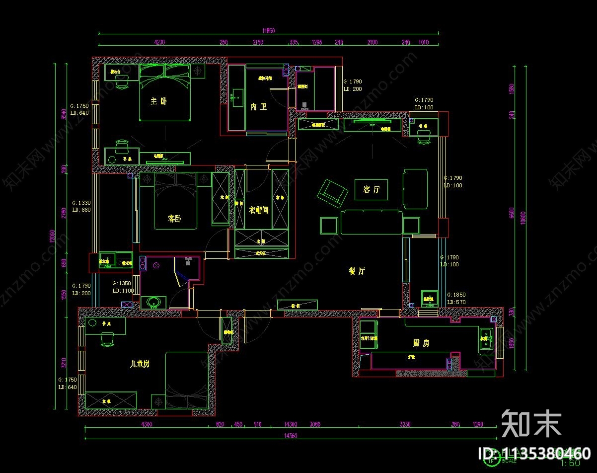 142²三室两厅家装cad施工图下载【ID:1135380460】