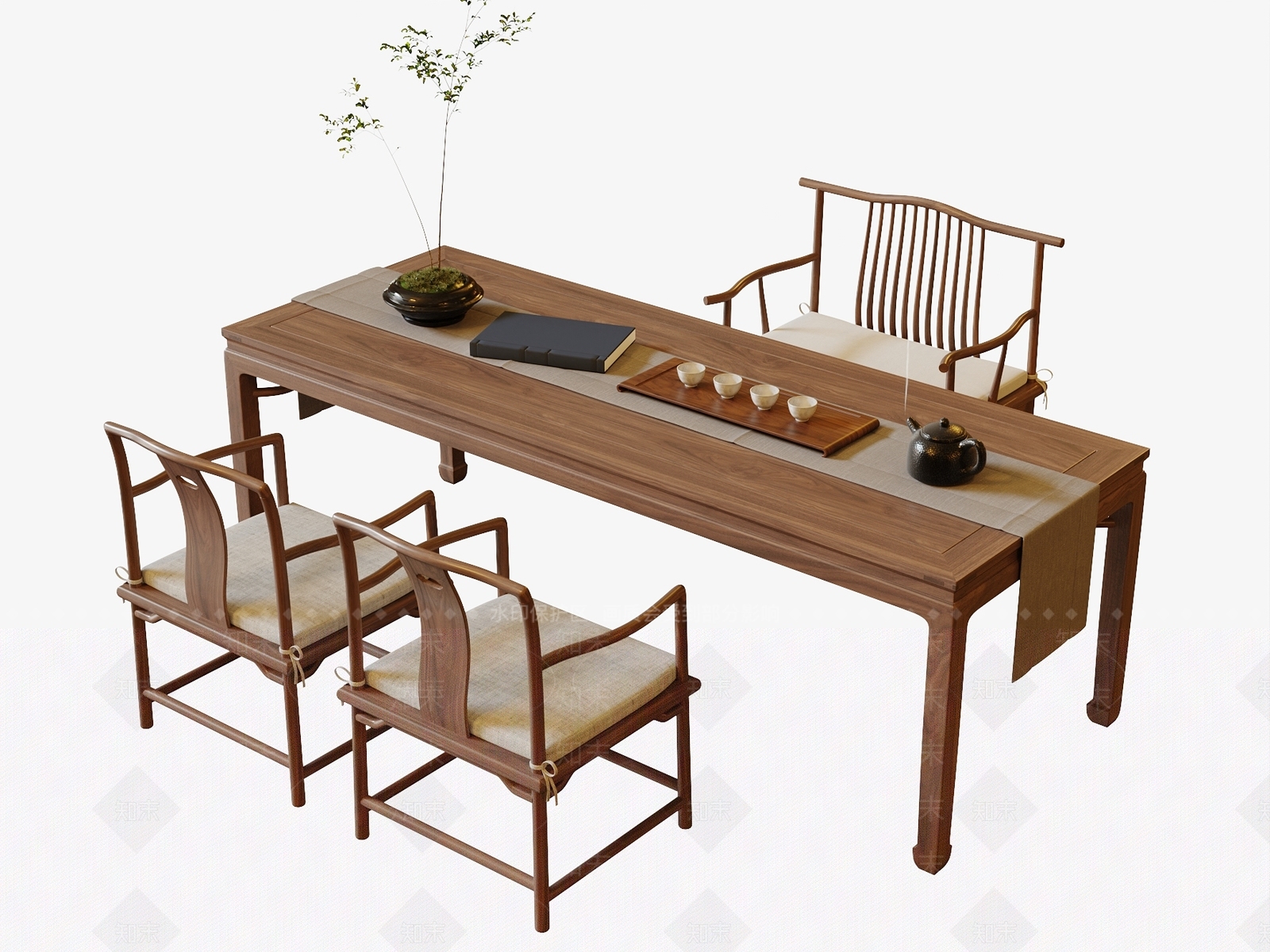 新中式茶桌椅组合3D模型下载【ID:1135400505】
