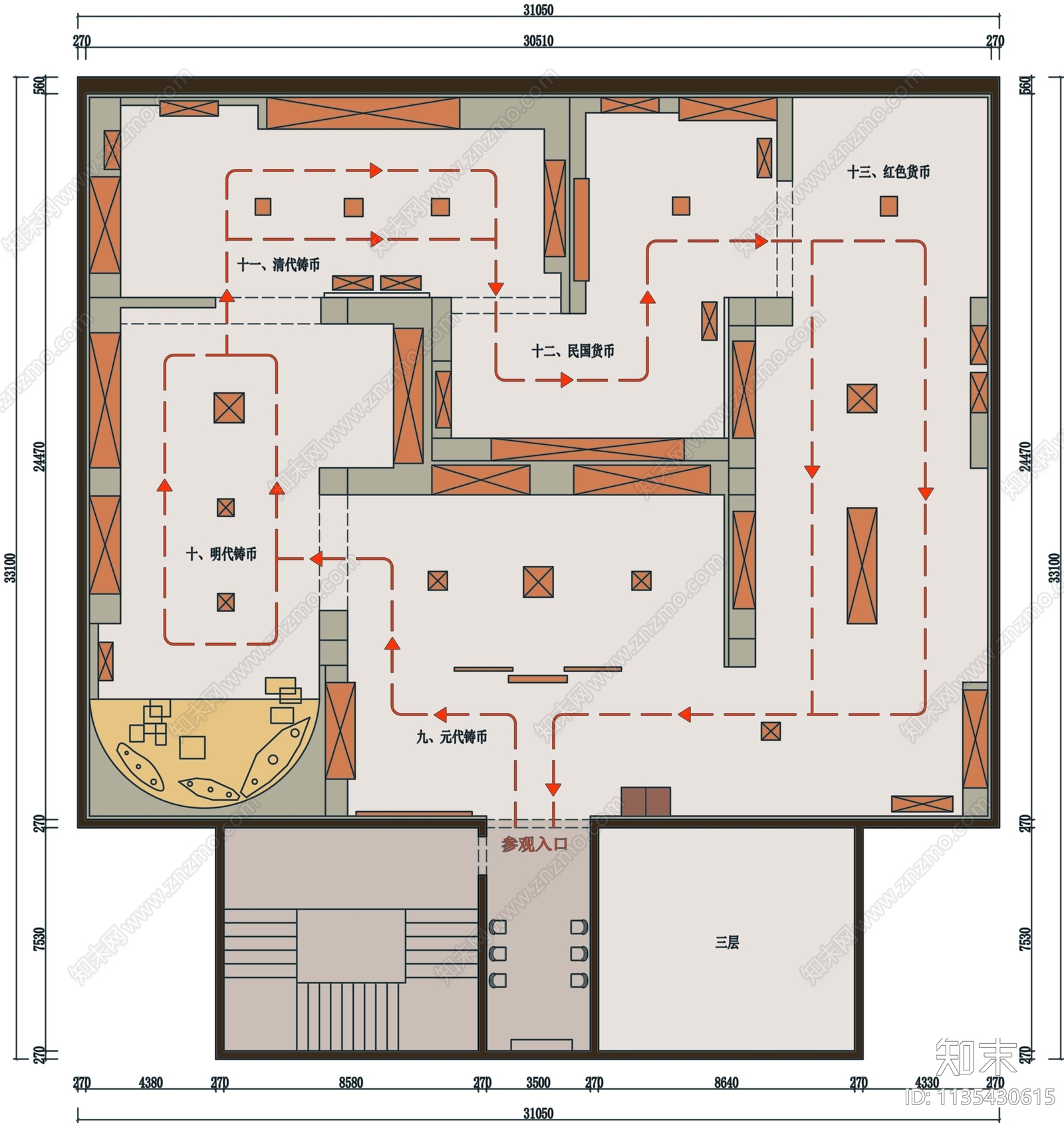 中国货币通史陈列2号展厅平面图施工图下载【ID:1135430615】