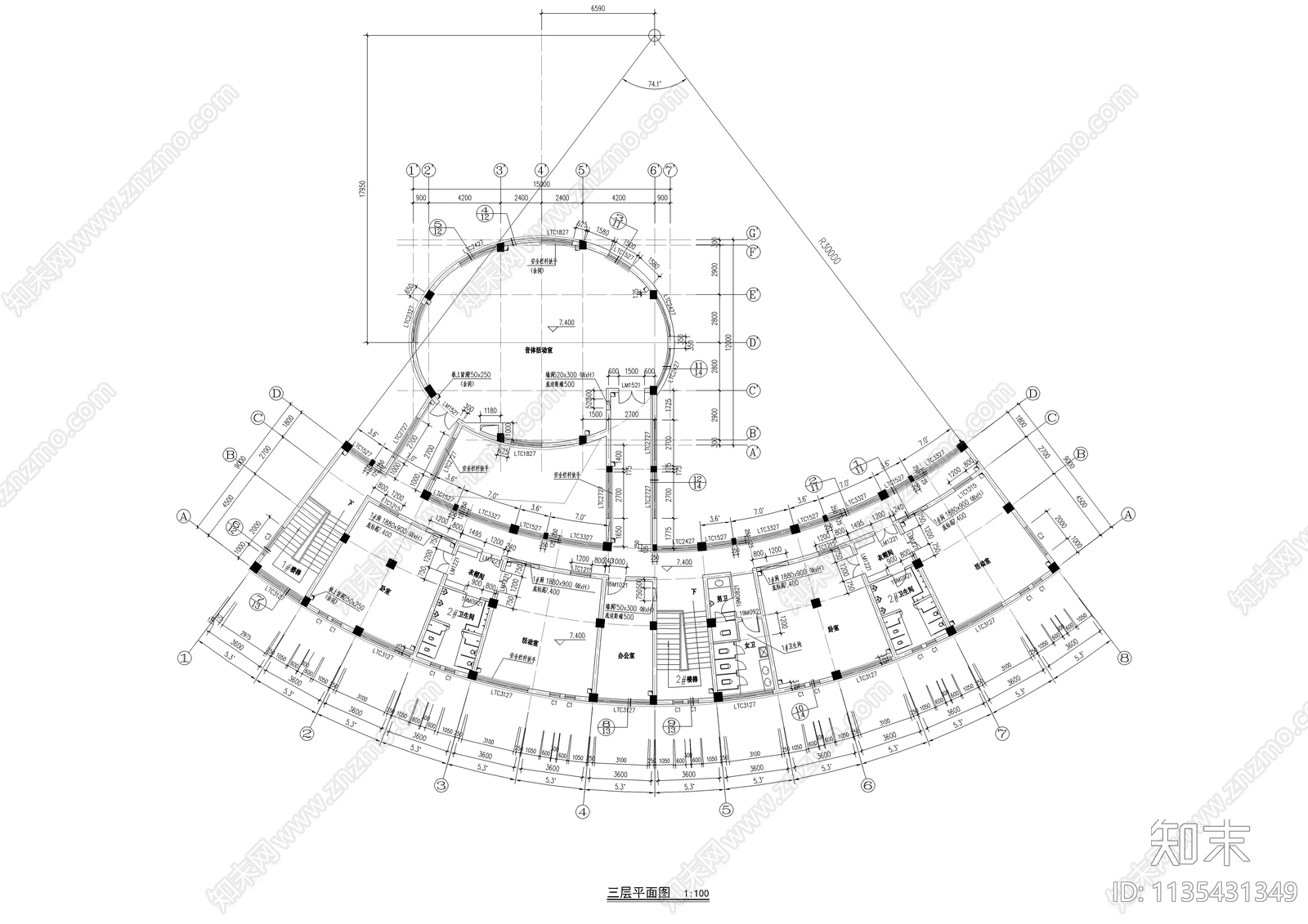 三层弧形幼儿园建筑施工图下载【ID:1135431349】