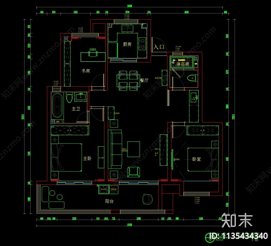 北欧风格三室两厅110㎡家装cad施工图下载【ID:1135434340】