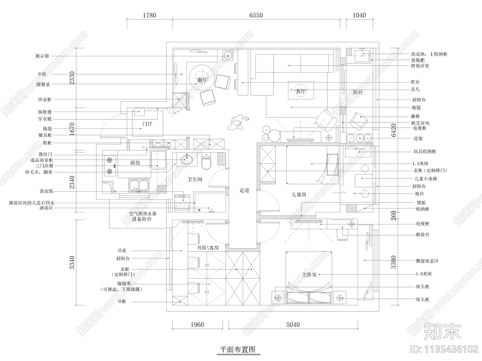 田园风格三室两厅家装cad施工图下载【ID:1135436102】