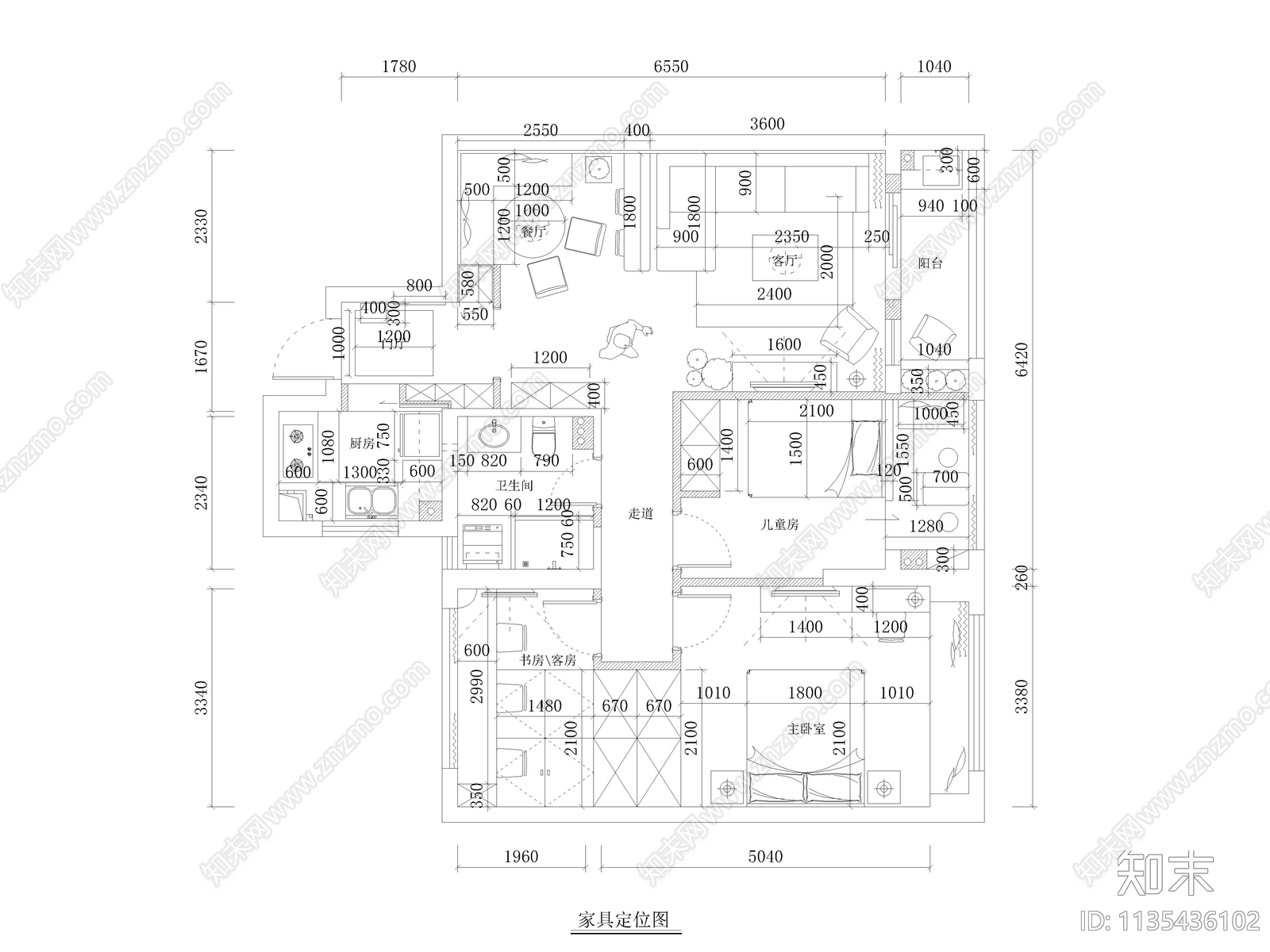 田园风格三室两厅家装cad施工图下载【ID:1135436102】