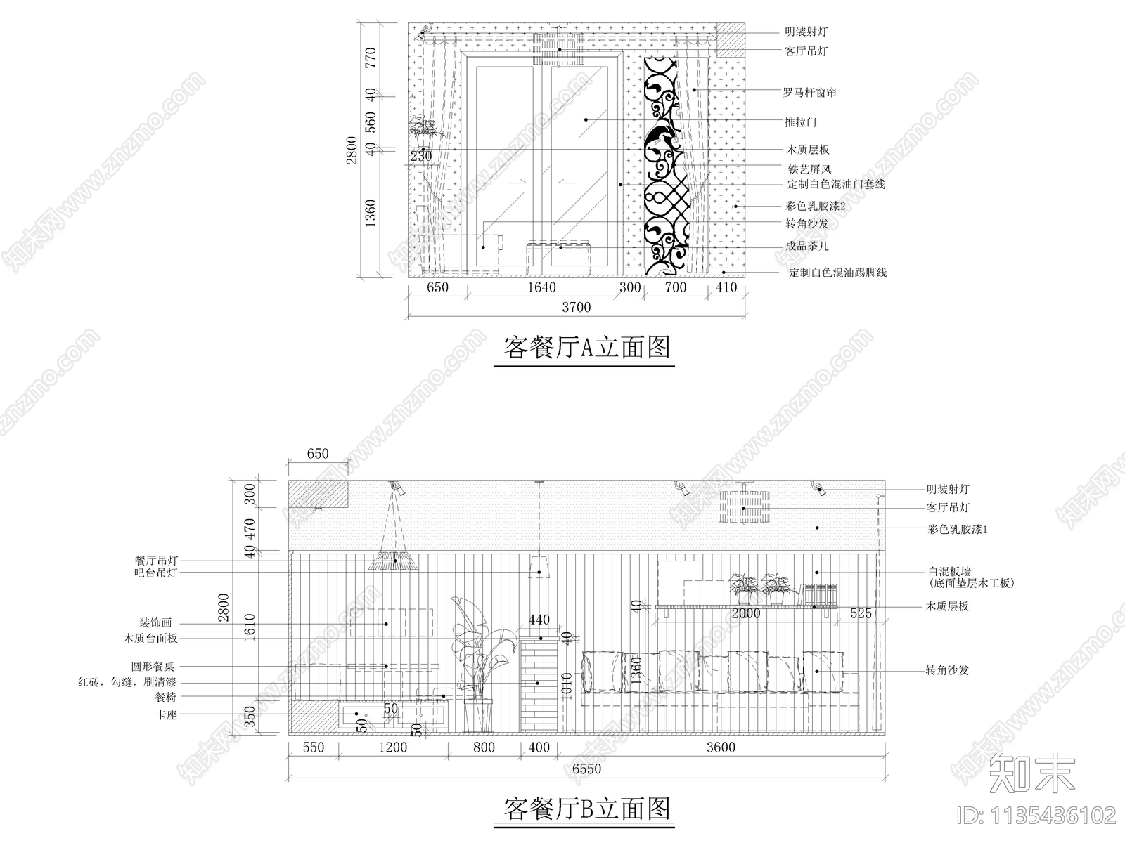 田园风格三室两厅家装cad施工图下载【ID:1135436102】