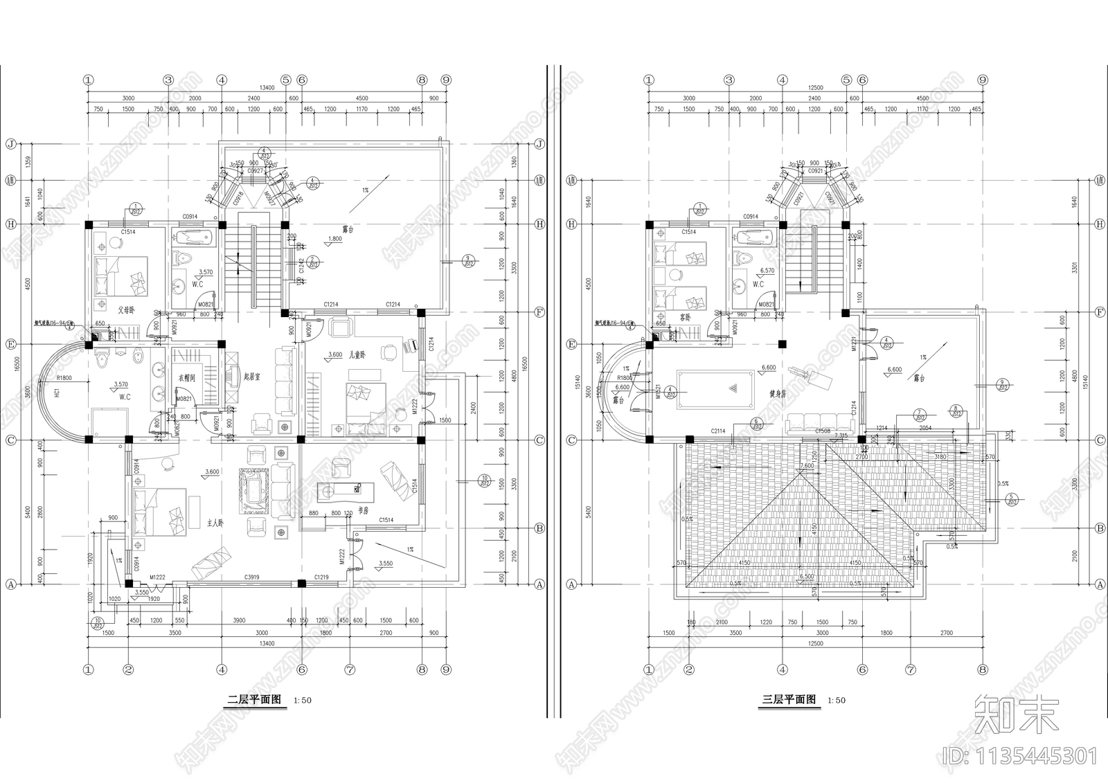 豪华独栋别墅建筑cad施工图下载【ID:1135445301】