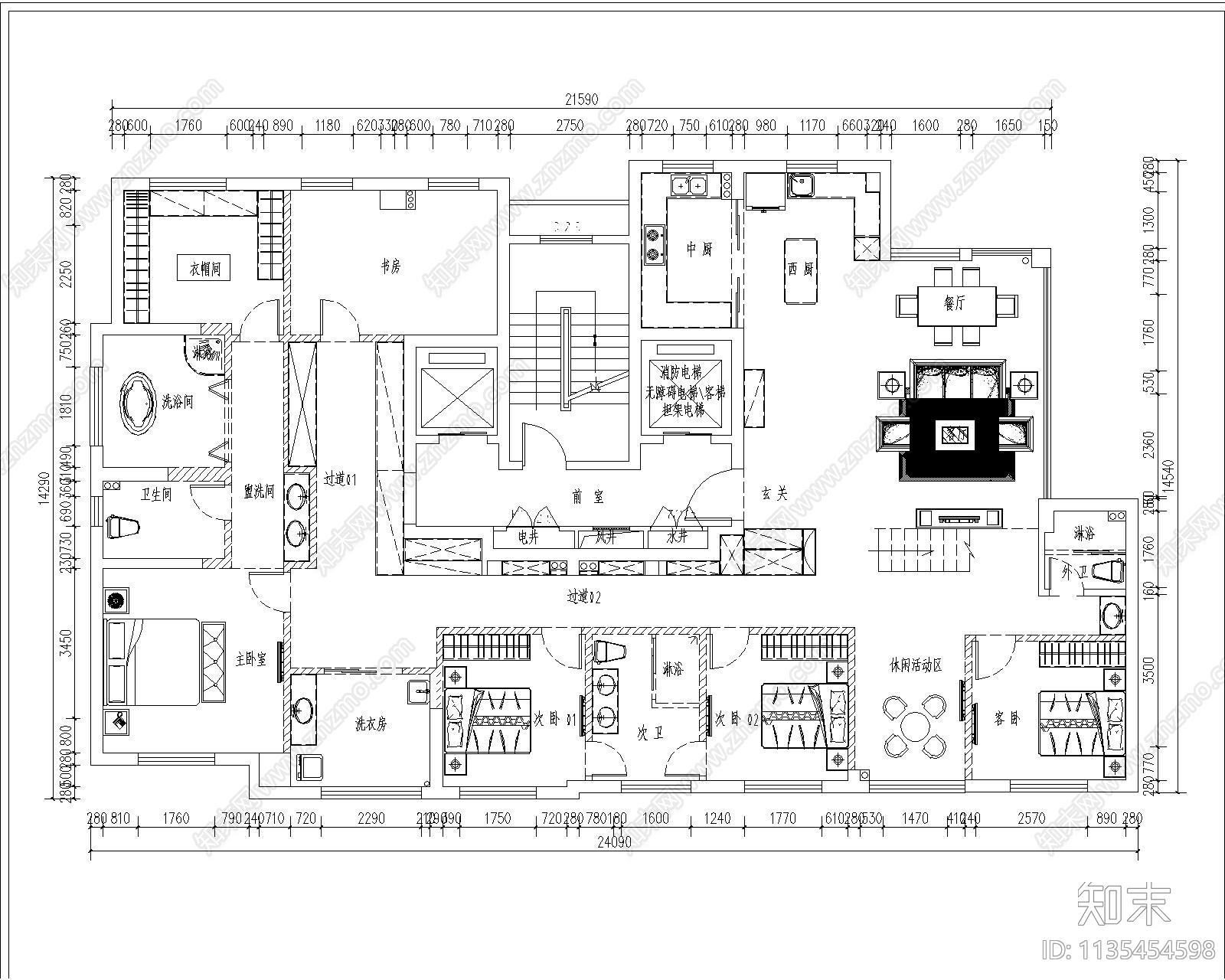 300平大平层室内cad施工图下载【ID:1135454598】