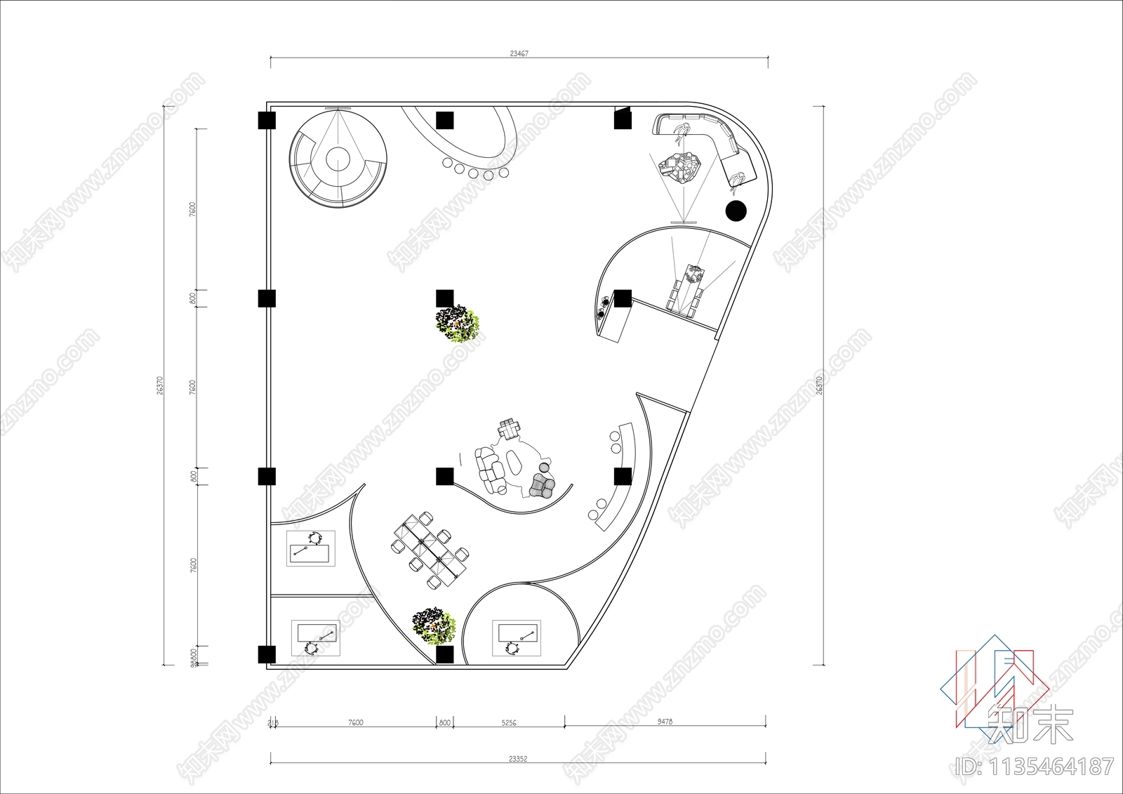 500㎡异形工作室平面布置图施工图下载【ID:1135464187】