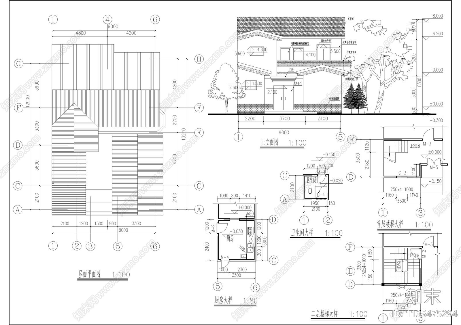 联排二层别墅建筑cad施工图下载【ID:1135475294】