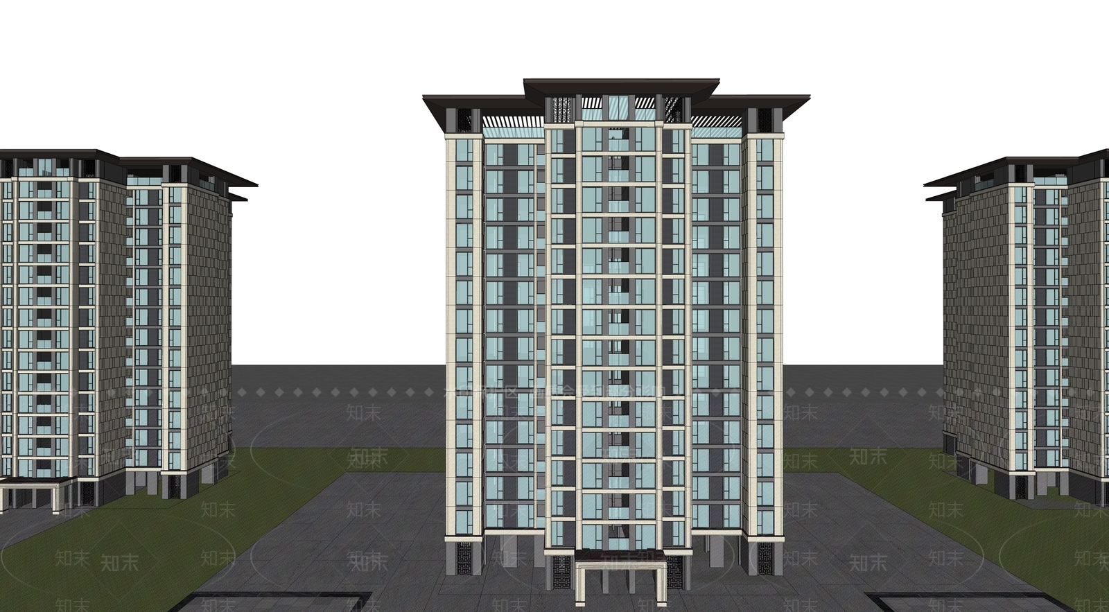 新中式高层住宅SU模型下载【ID:1135487375】