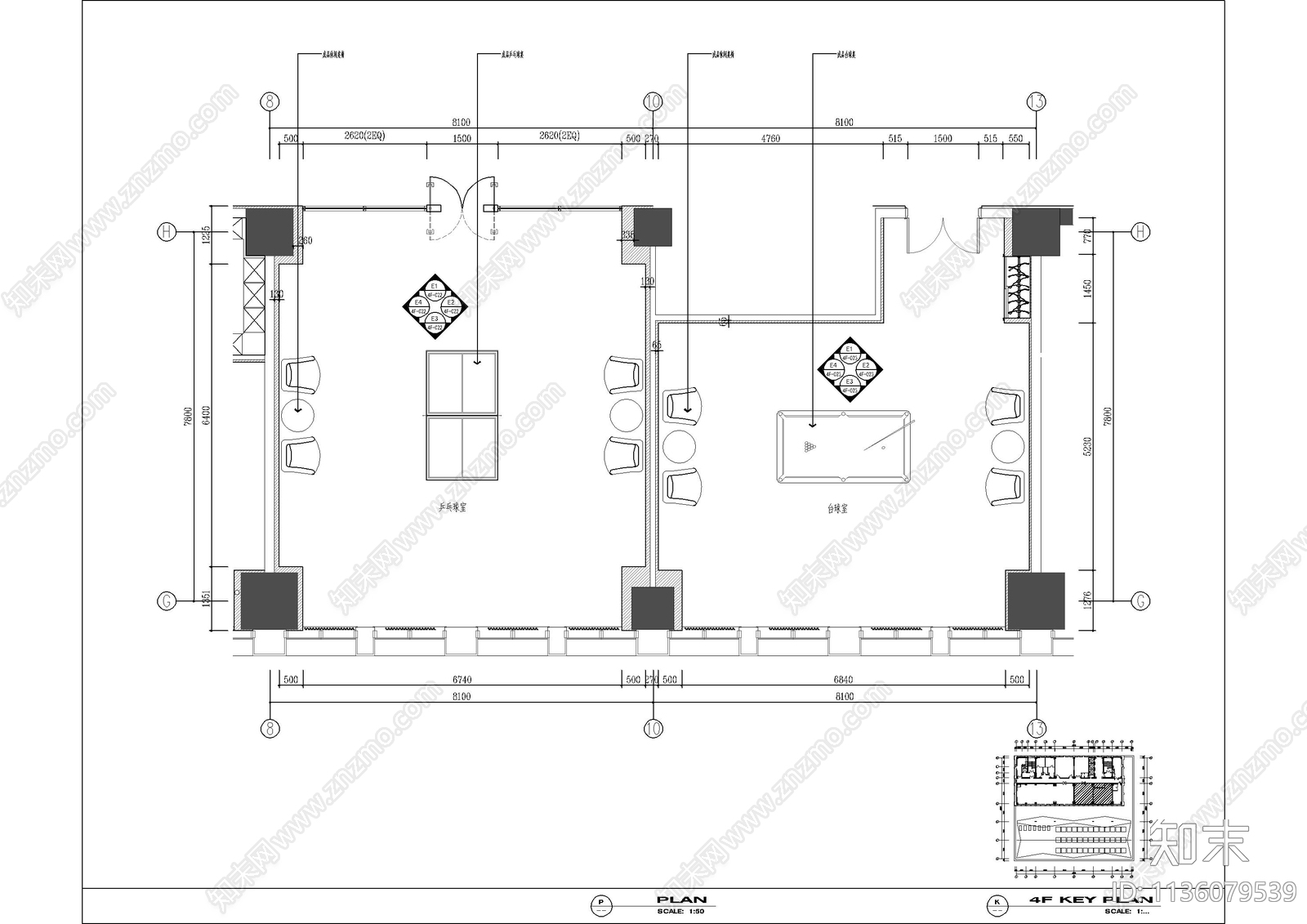 棋牌室健身及乒乓球室cad施工图下载【ID:1136079539】