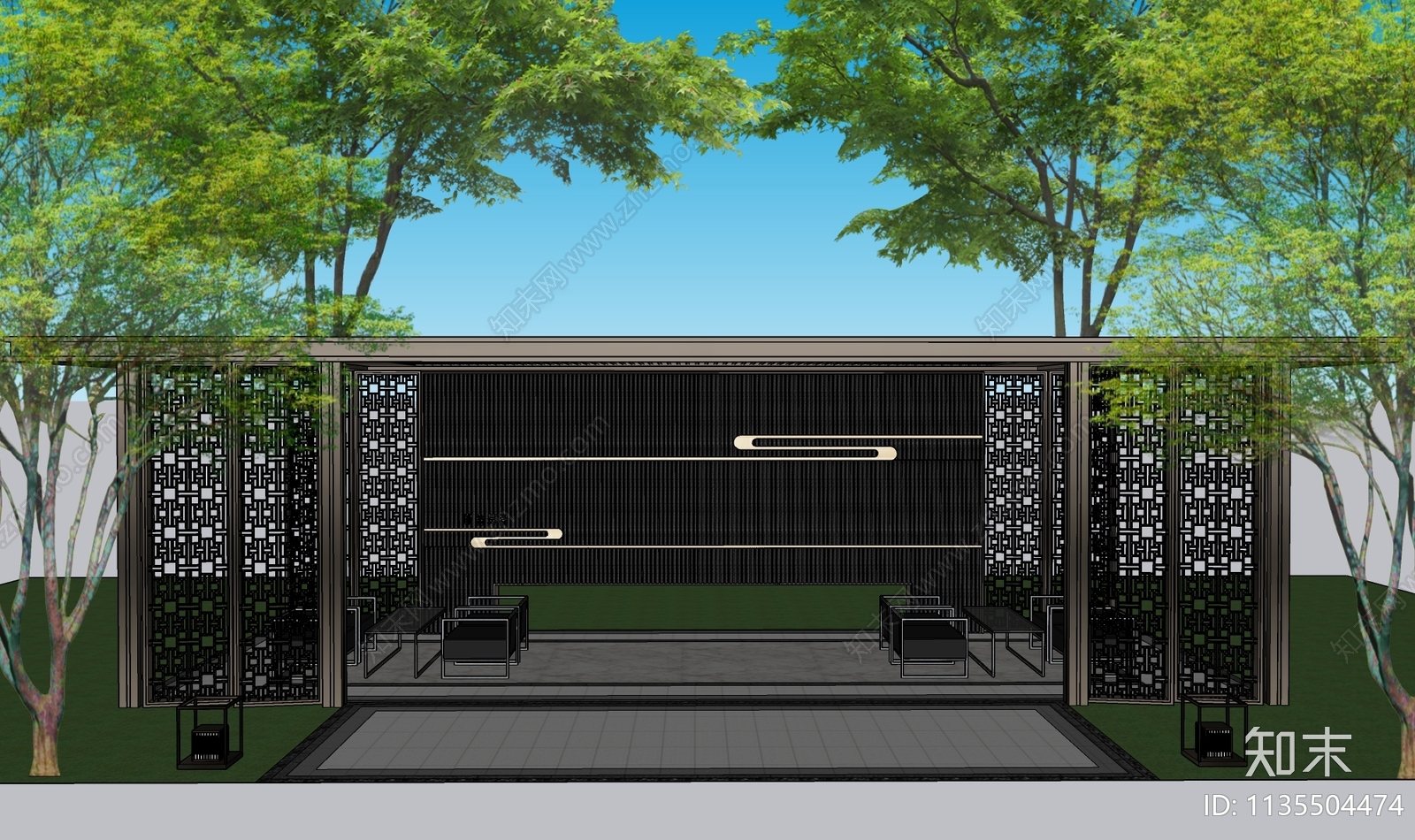 新中式廊架SU模型下载【ID:1135504474】