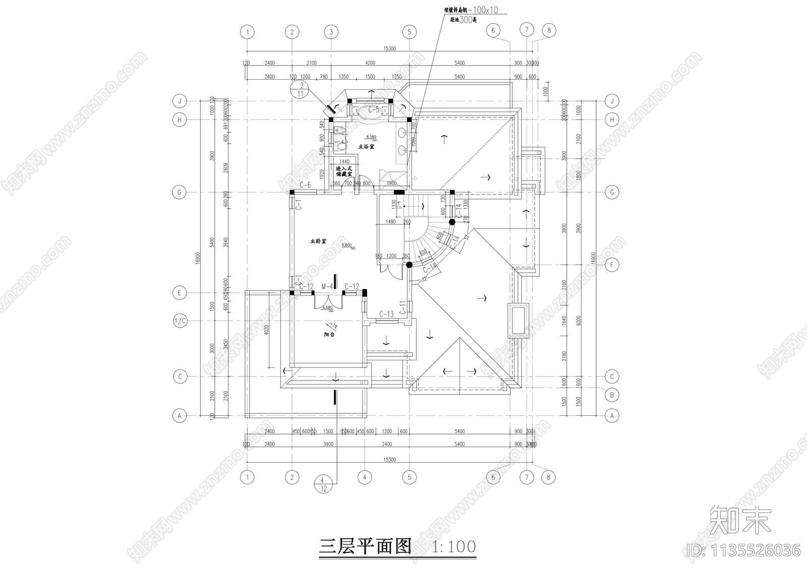 独栋三层法式别墅建筑cad施工图下载【ID:1135526036】