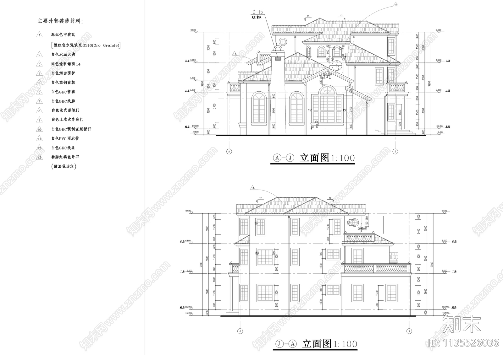 独栋三层法式别墅建筑cad施工图下载【ID:1135526036】