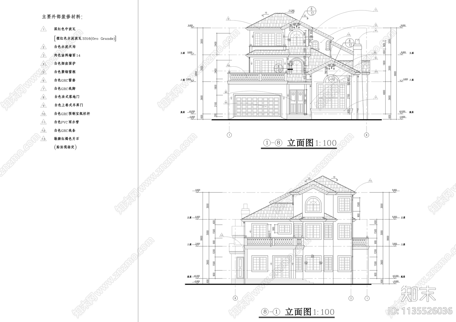 独栋三层法式别墅建筑cad施工图下载【ID:1135526036】