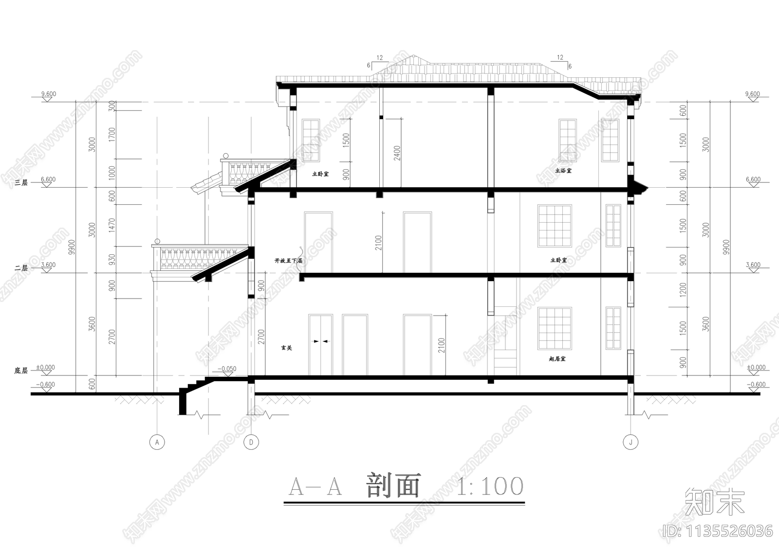 独栋三层法式别墅建筑cad施工图下载【ID:1135526036】