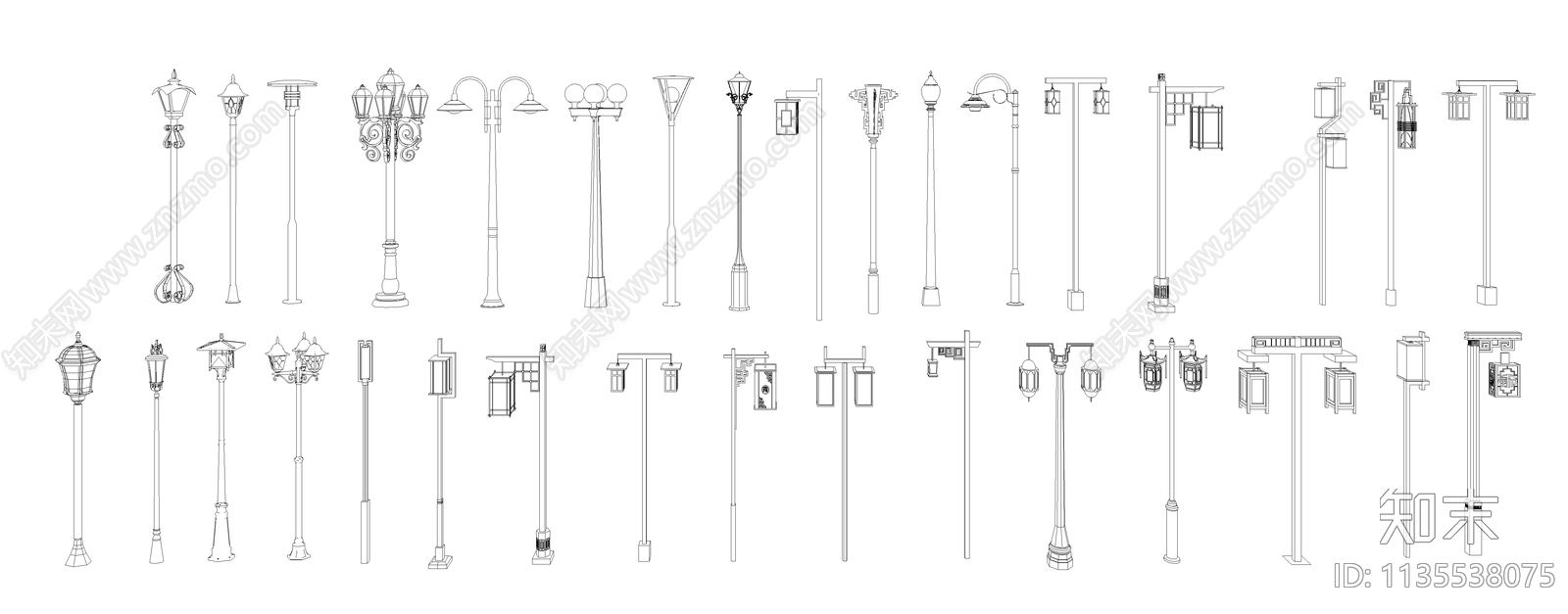 中式欧式路灯cad施工图下载【ID:1135538075】
