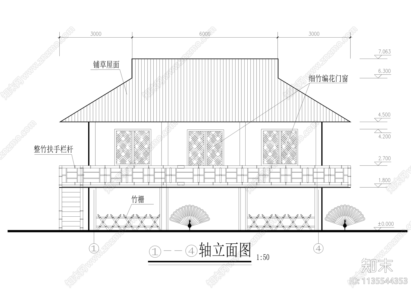 某山地动物园孔雀园竹楼建筑施工图下载【ID:1135544353】