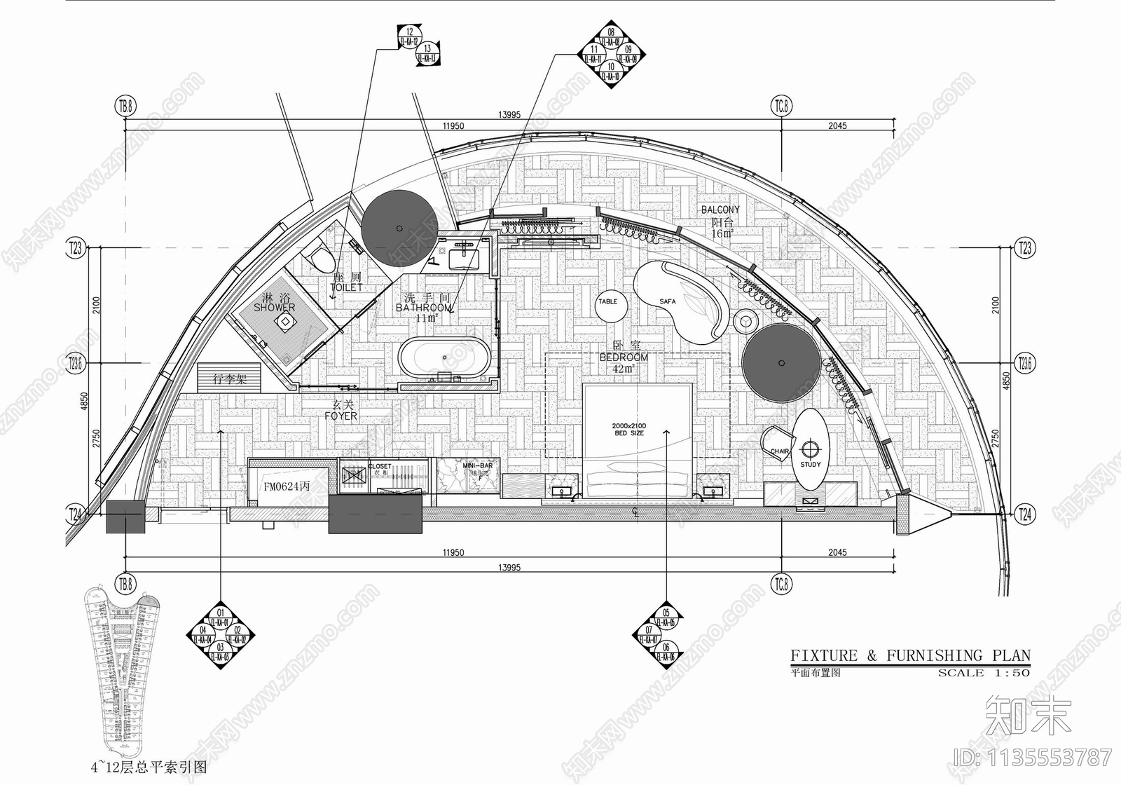 80㎡酒店豪华大床房cad施工图下载【ID:1135553787】