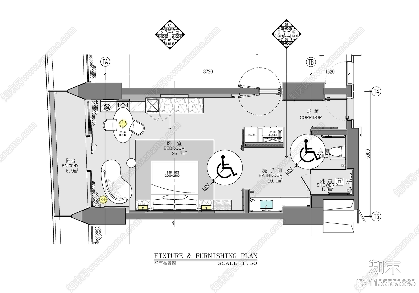 65㎡酒店无障碍客房室内施工图下载【ID:1135553893】