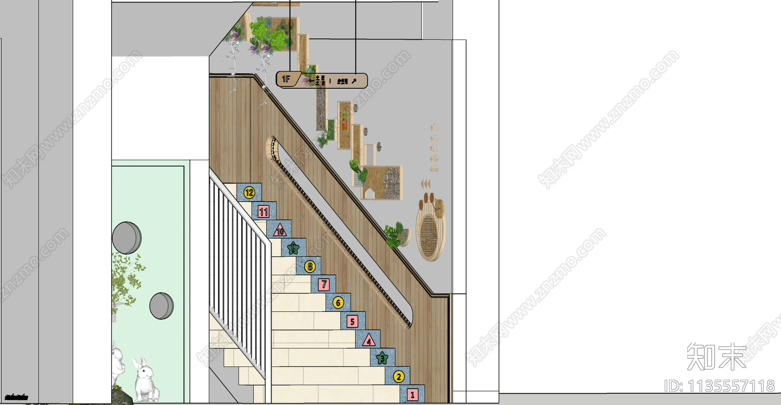 现代幼儿园内部楼梯间SU模型下载【ID:1135557118】