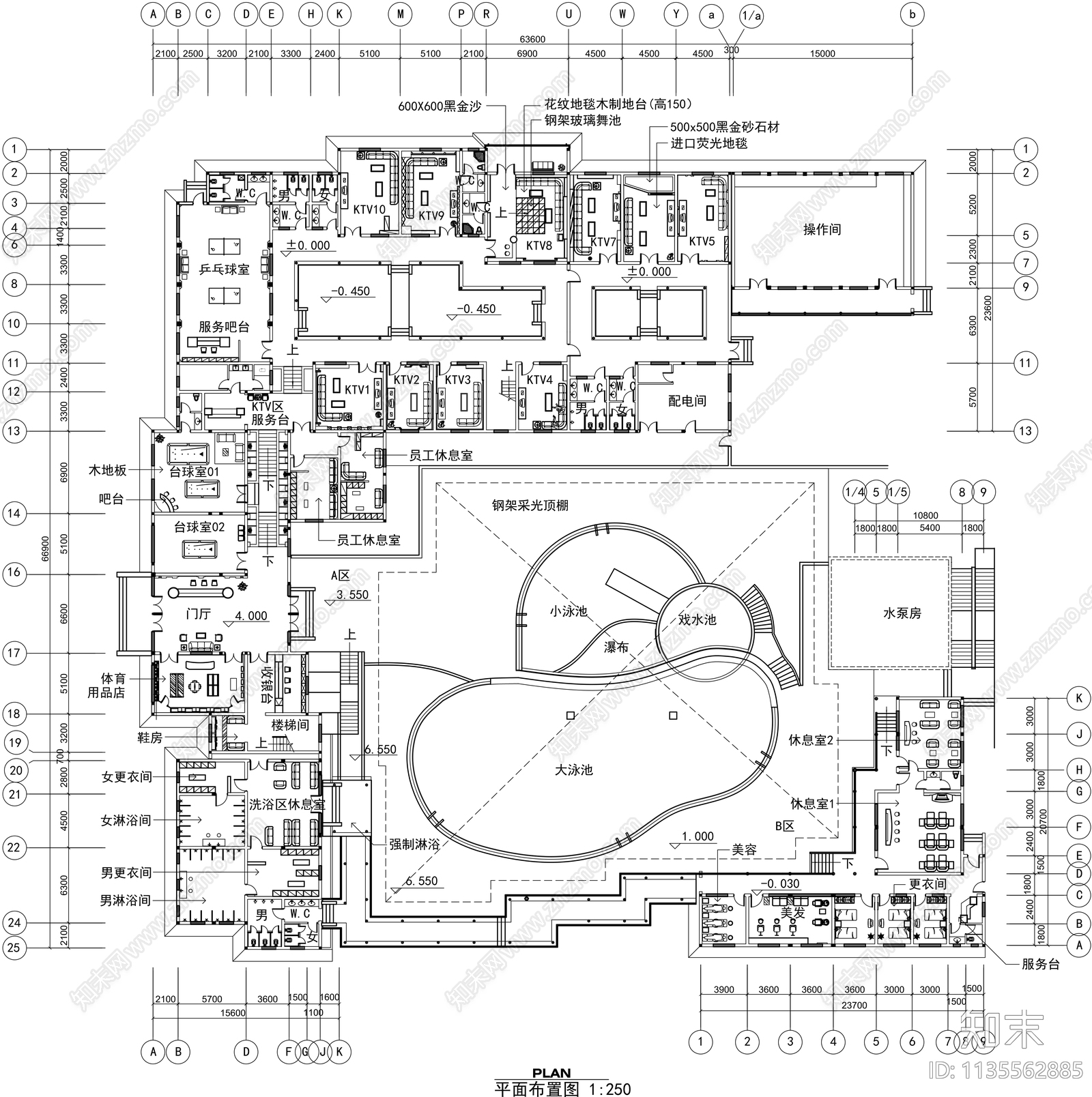 KTV洗浴城台球室平面图施工图下载【ID:1135562885】