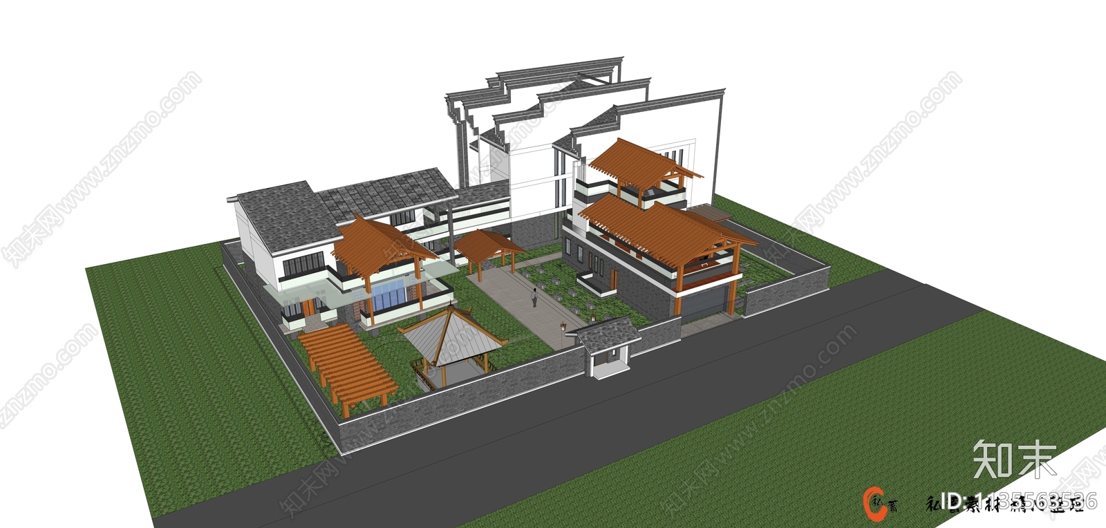 中式民宿建筑SU模型下载【ID:1135563536】