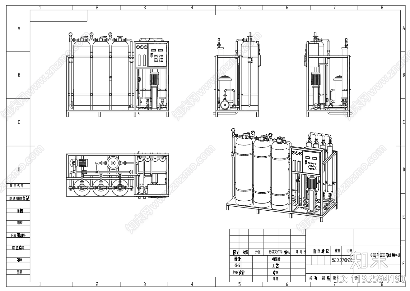 1吨单级反渗RO外形图纸cad施工图下载【ID:1135594190】