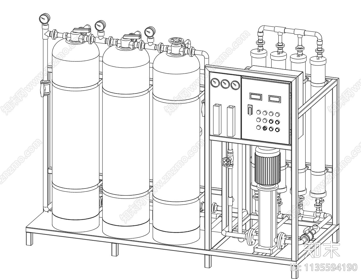 1吨单级反渗RO外形图纸cad施工图下载【ID:1135594190】
