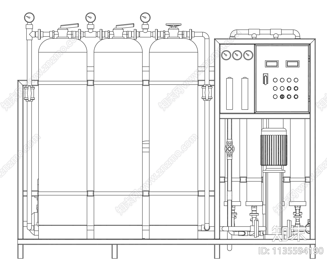 1吨单级反渗RO外形图纸cad施工图下载【ID:1135594190】