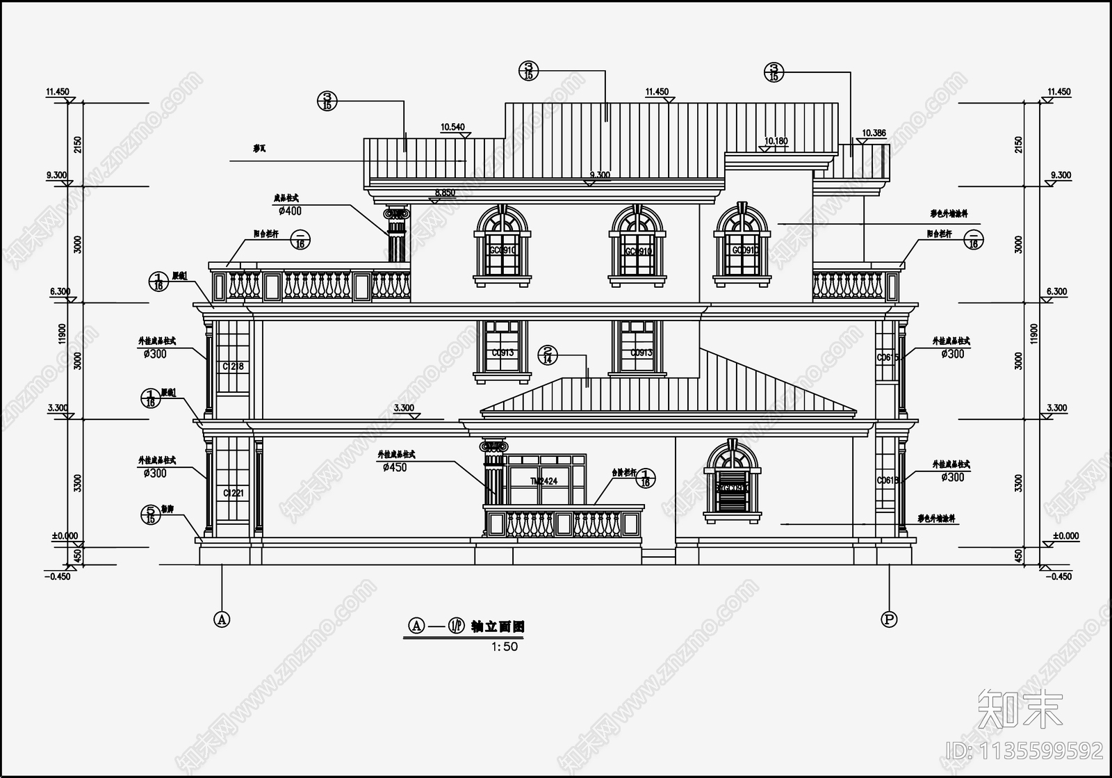 欧式简约别墅建筑cad施工图下载【ID:1135599592】