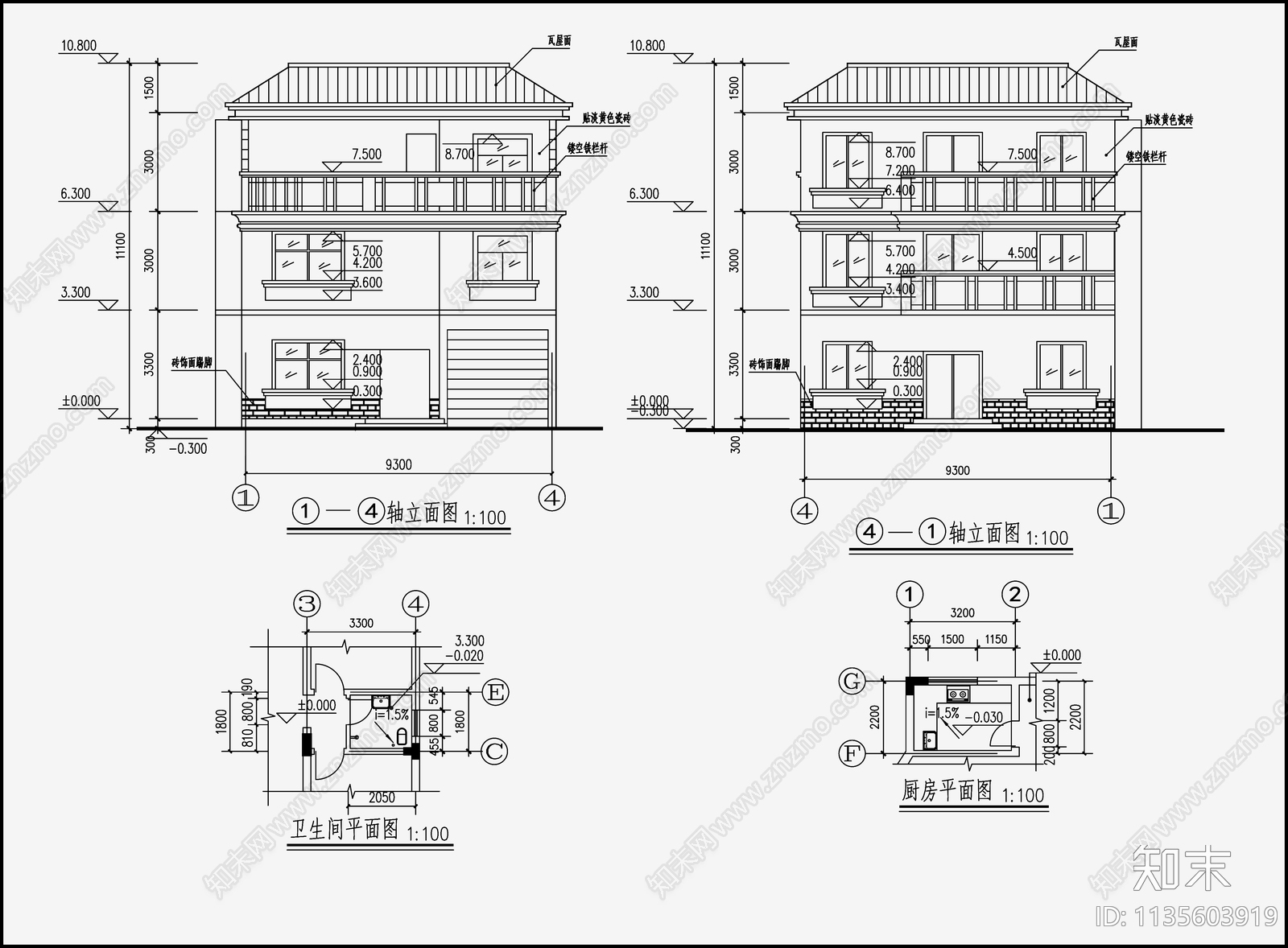 欧式简约别墅设计cad施工图下载【ID:1135603919】