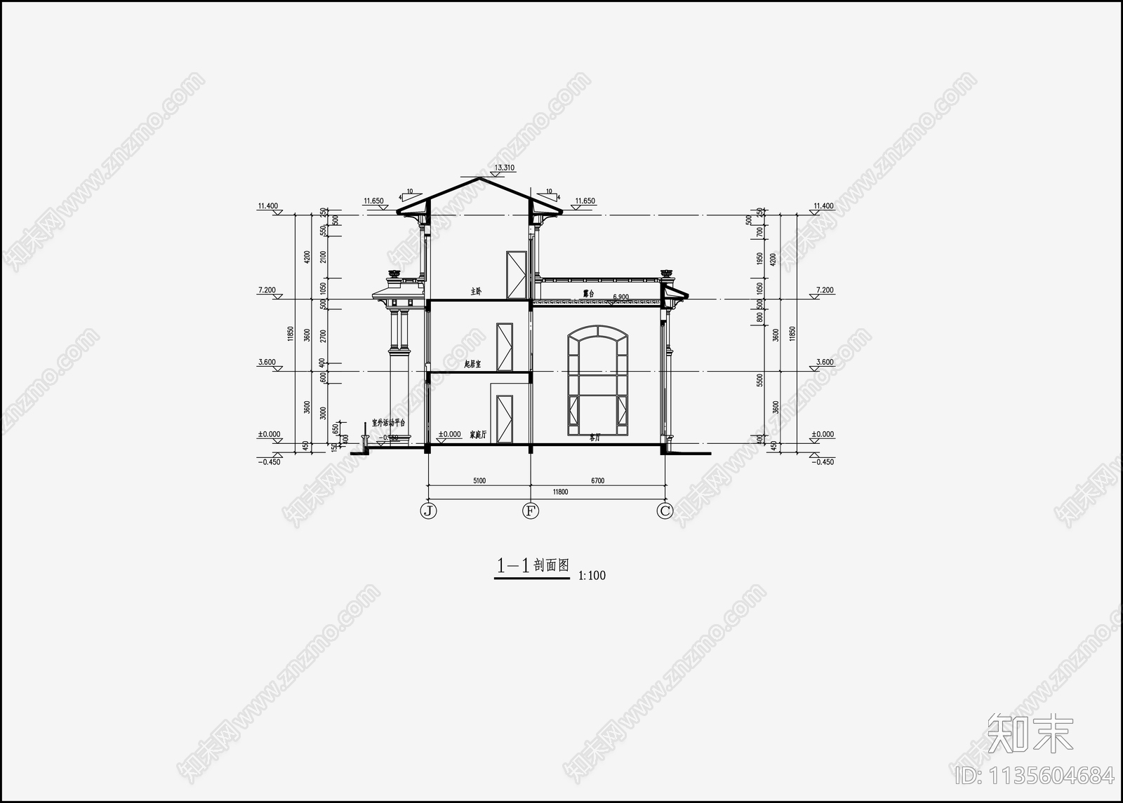 欧式简约别墅设计cad施工图下载【ID:1135604684】