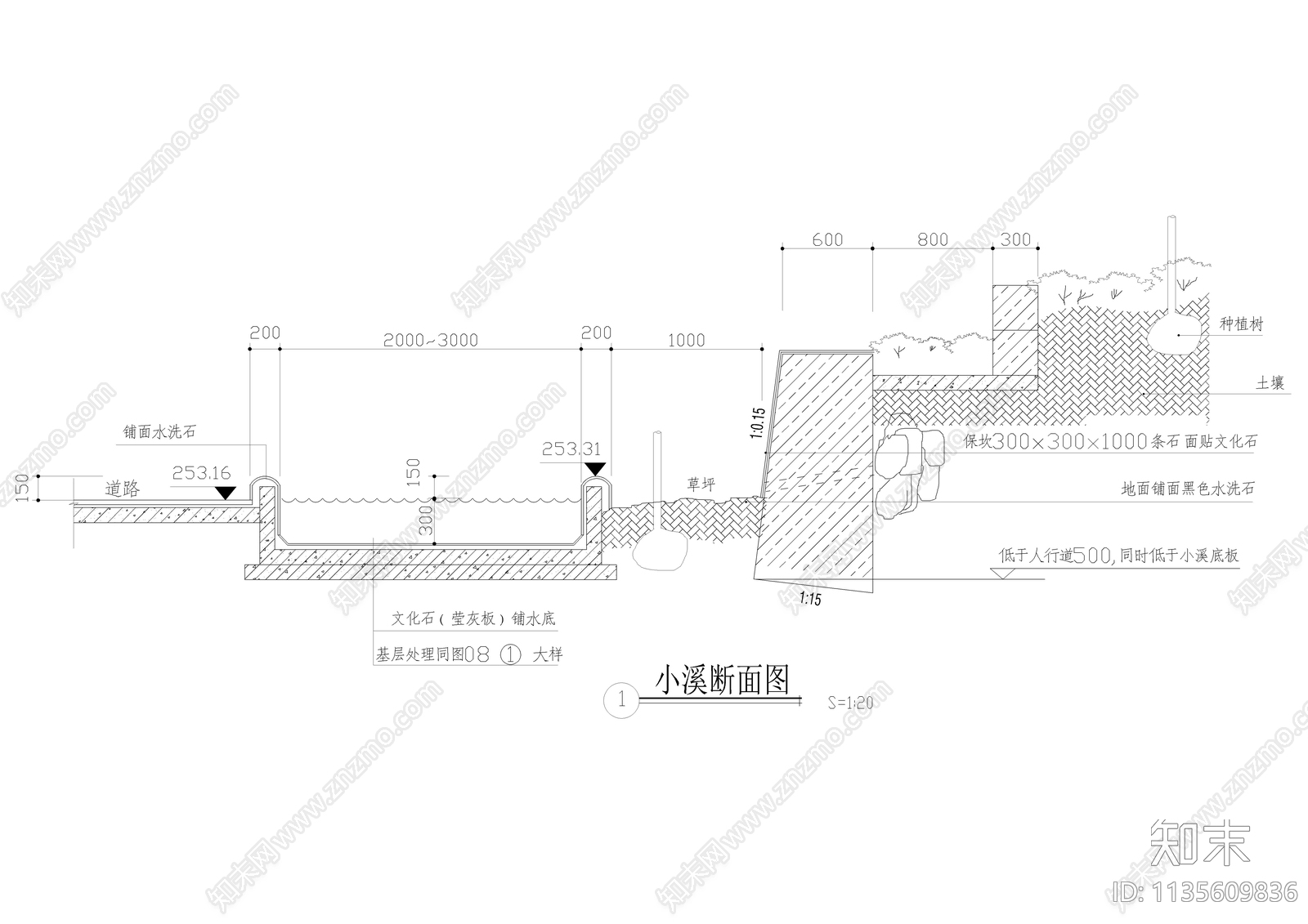 小溪叠水详图cad施工图下载【ID:1135609836】