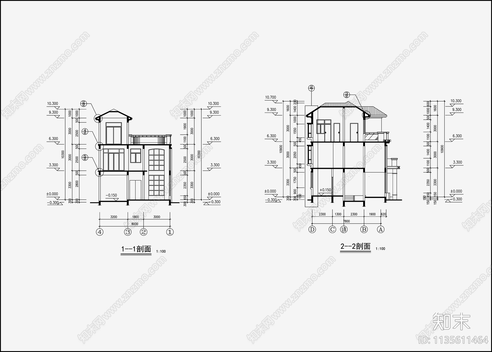 欧式简约别墅设计cad施工图下载【ID:1135611464】