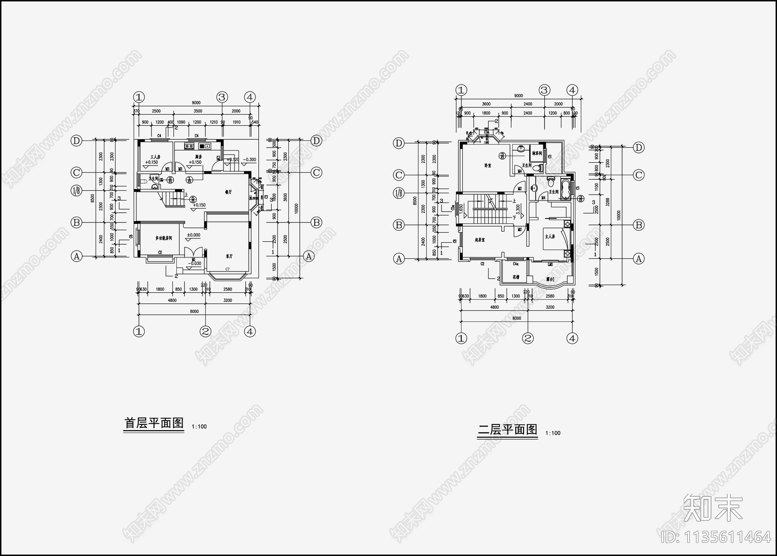 欧式简约别墅设计cad施工图下载【ID:1135611464】