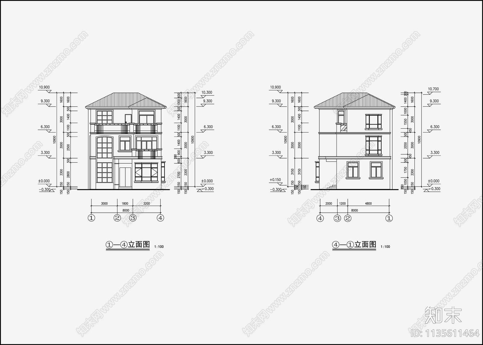 欧式简约别墅设计cad施工图下载【ID:1135611464】